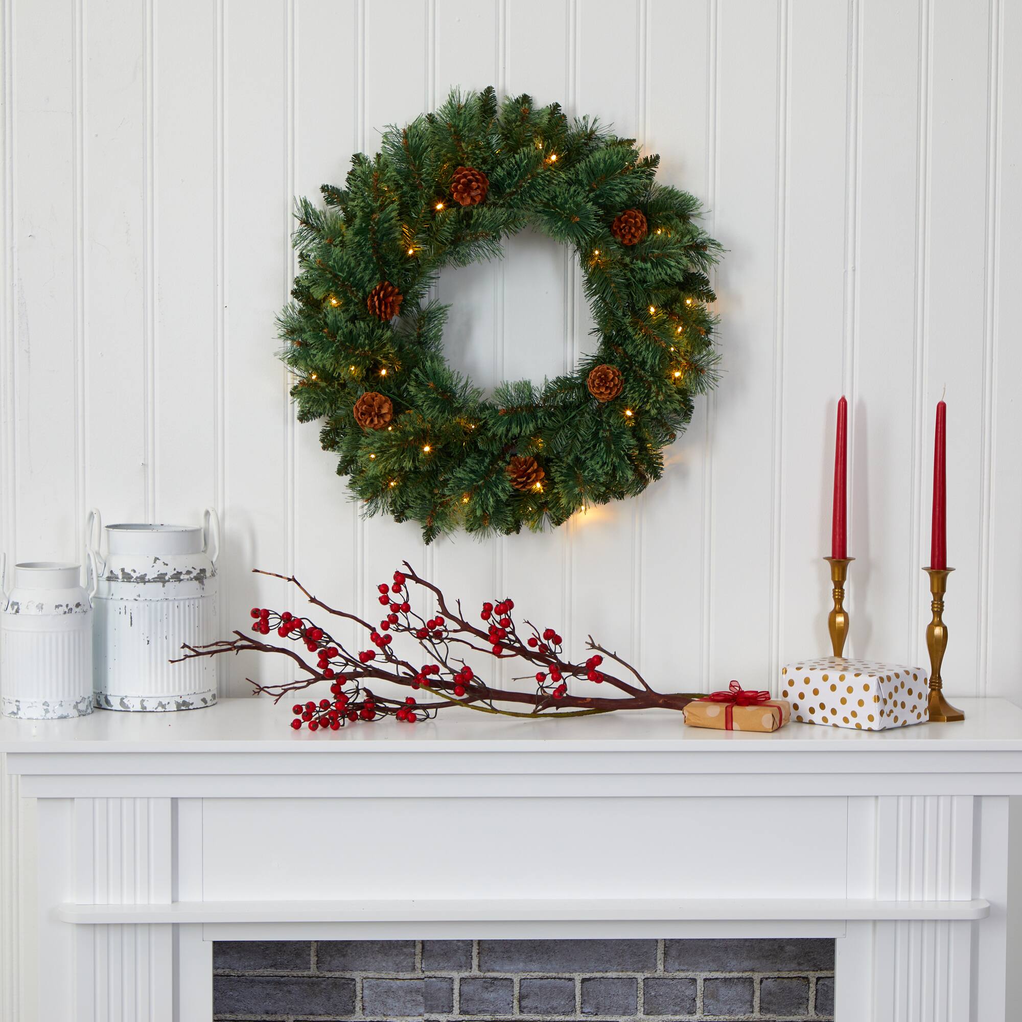 24" LED White Mountain Pine Artificial Christmas Wreath